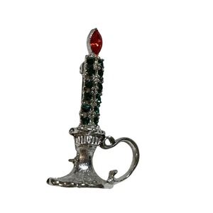 Vintage Christmas Candle Brooch Red Green Rhinestone Silver Tone Holiday Pin